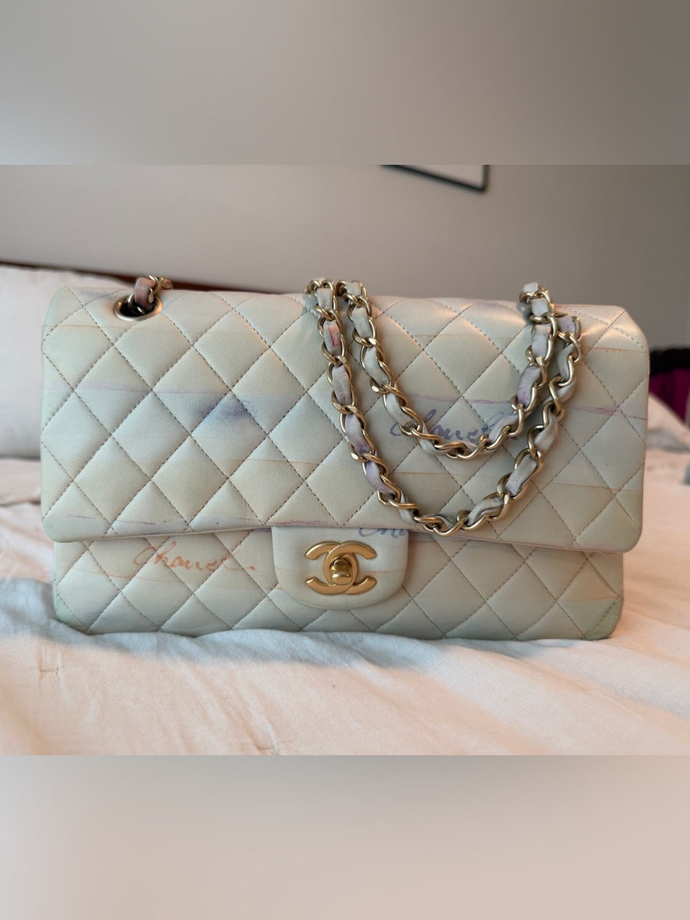 CHANEL Medium Flap Bag Cream Lamb Skin w/ Gold Hardware Rare Watercolor Edition